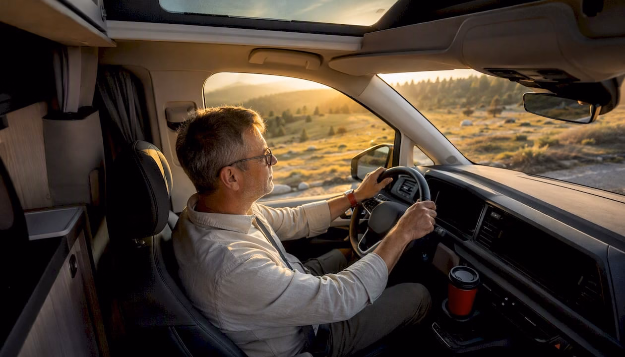Man driving a VW California camper van, side view of the interior.