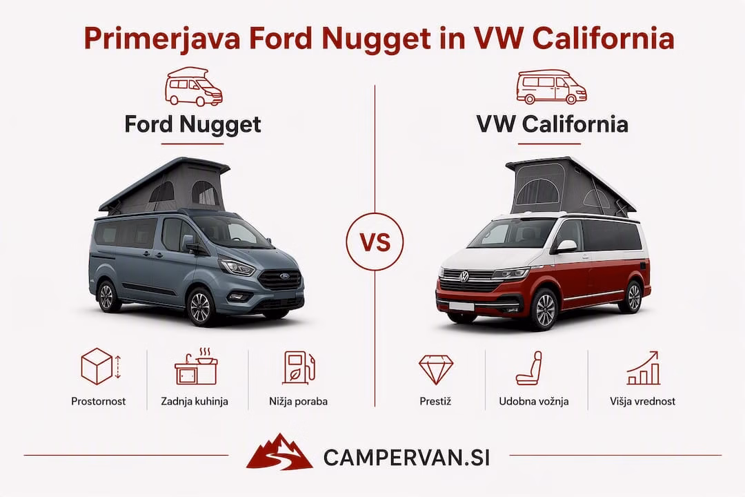 Infographic overview of the key differences between the Ford Nugget and VW California campervans