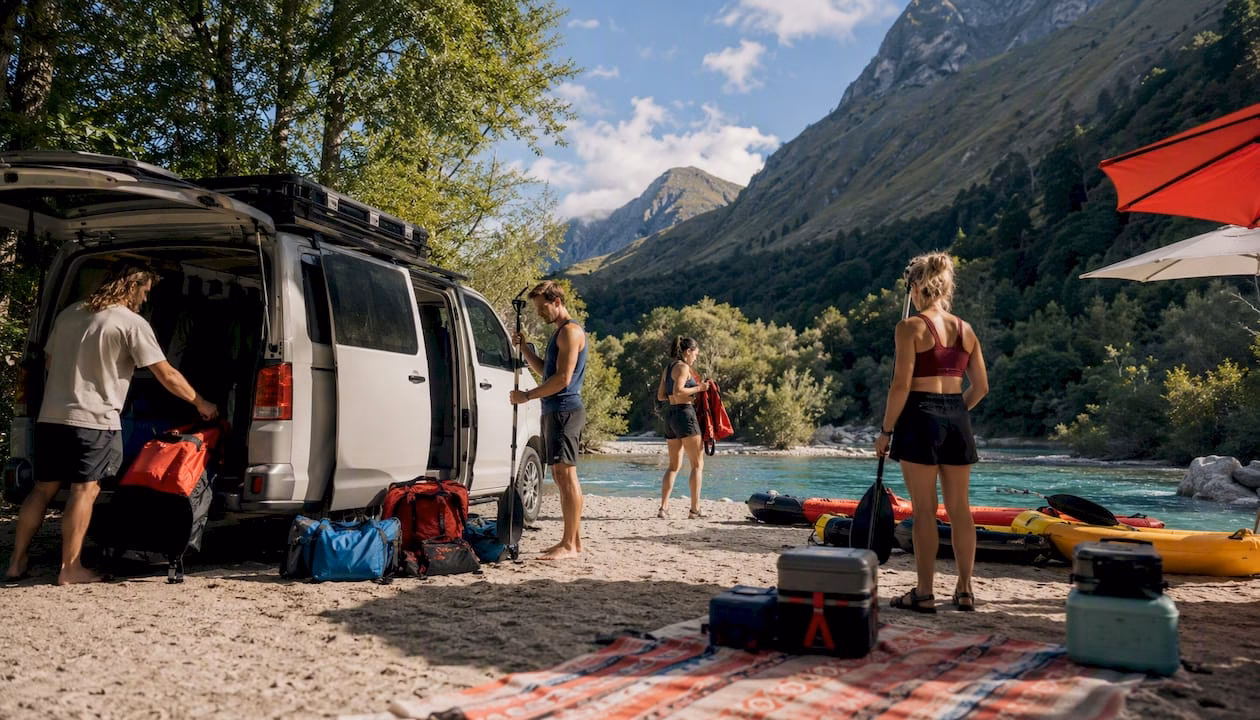Skupina se ob kampu ob reki Soči pripravlja na adrenalinsko doživetje – rafting.