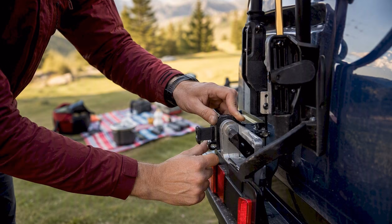 Hands installing a bike rack on the rear of a campervan.