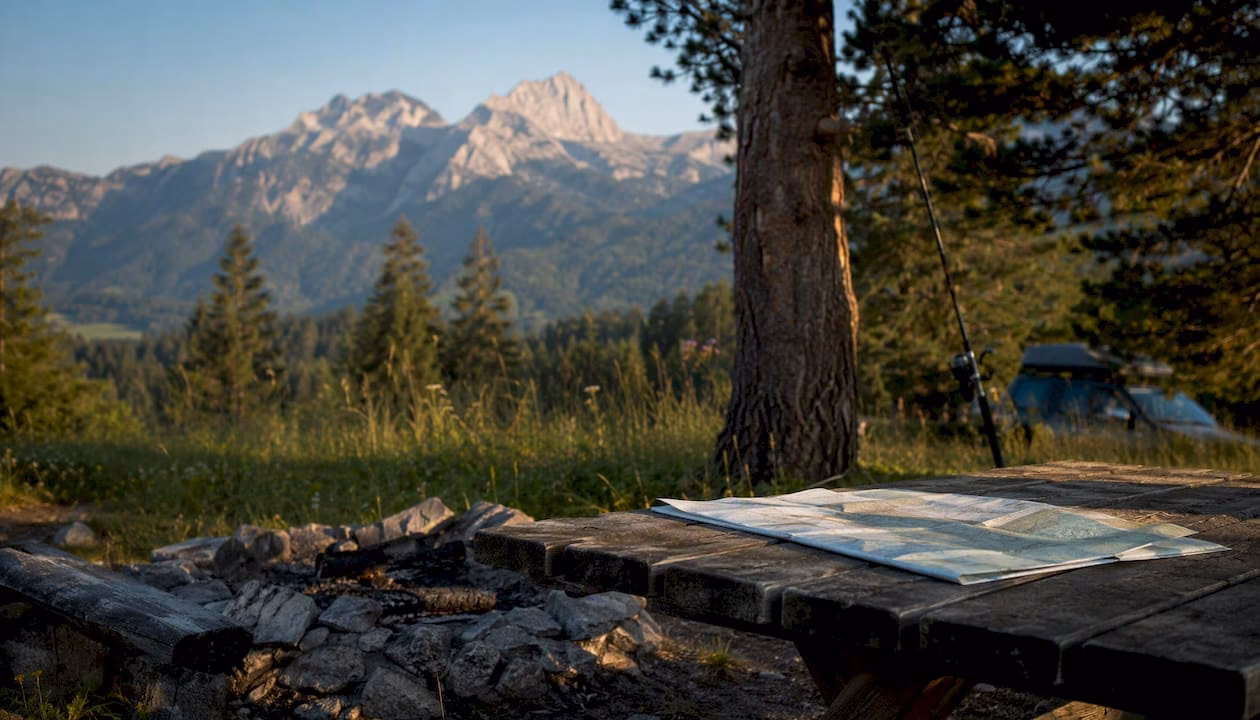 Alpine campsite in Slovenia with hiking gear