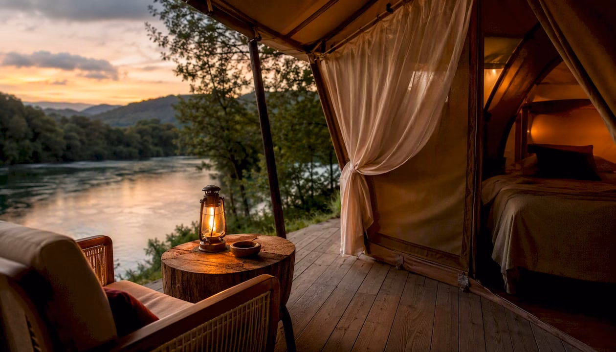 Glamping tent with a private riverside terrace in Slovenia