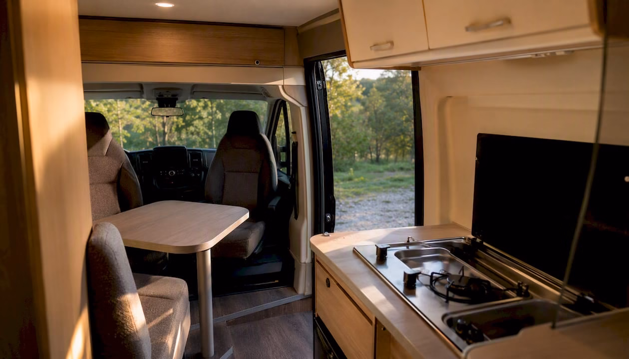 Interior seating arrangement and kitchen module in the campervan