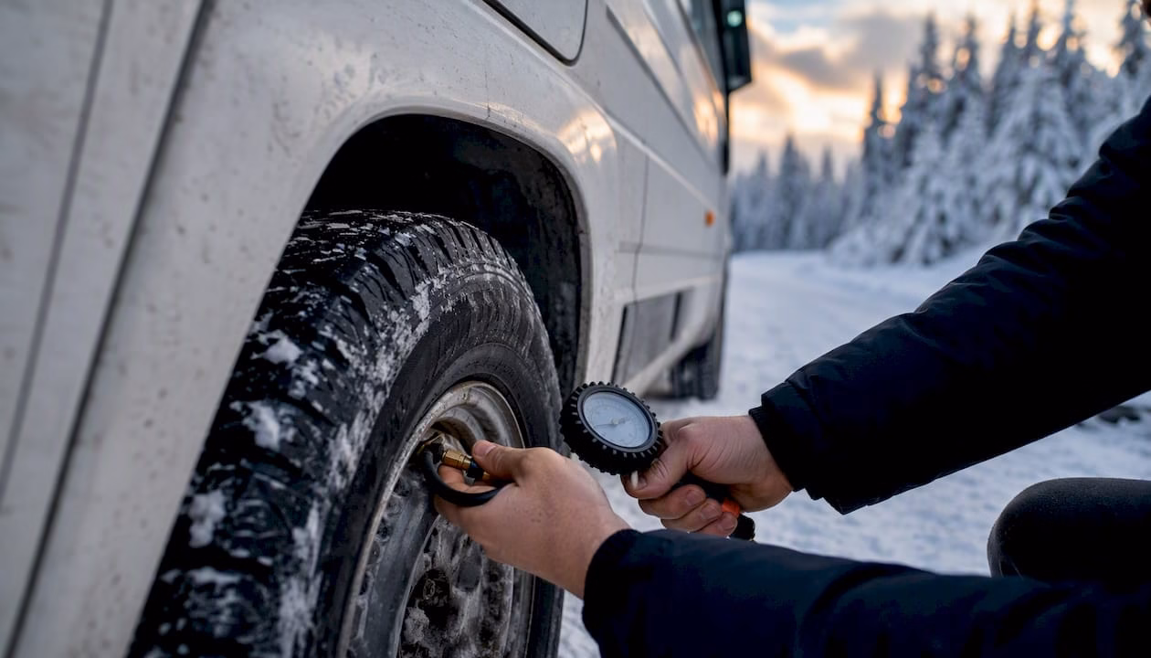 Checking motorhome tyre pressure by hand in winter