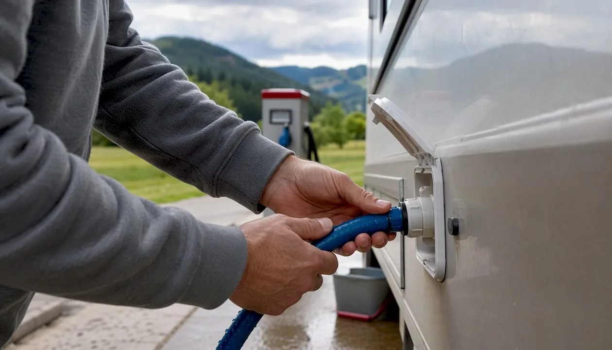 Hands connecting a water hose to a motorhome.