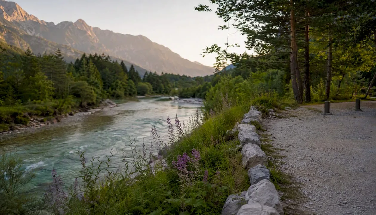 Authorised motorhome parking area beside the Soča River