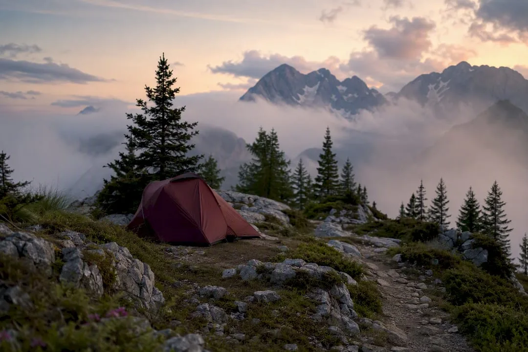 Mountain camping with a tent against an Alpine backdrop