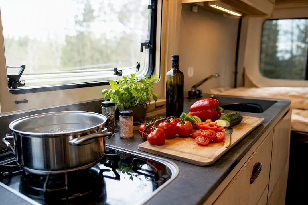 L-shaped campervan kitchen with cooking setup