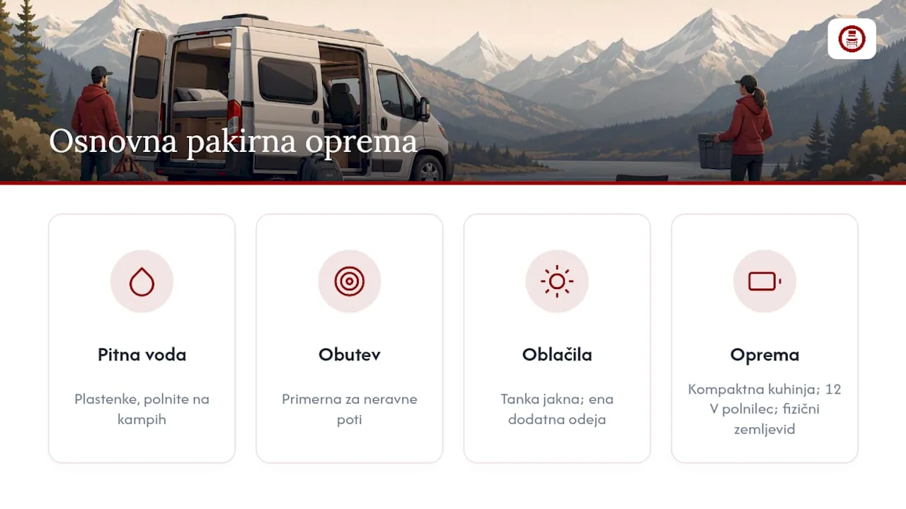 Essential equipment icons for an Alpine campervan road trip