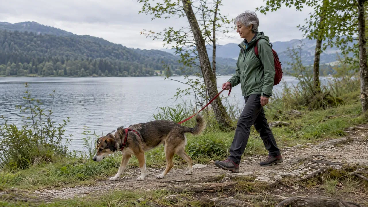 Dog walking beside a Slovenian lake