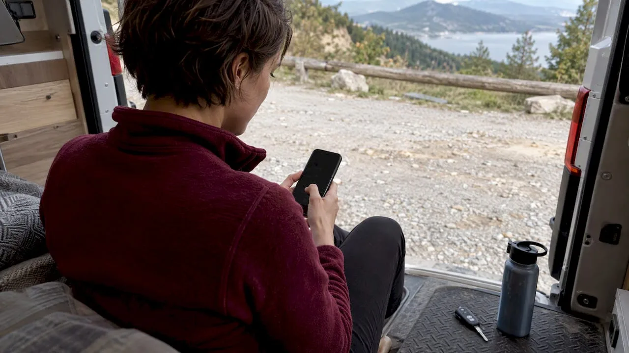 Traveller recording campervan fuel consumption on her phone