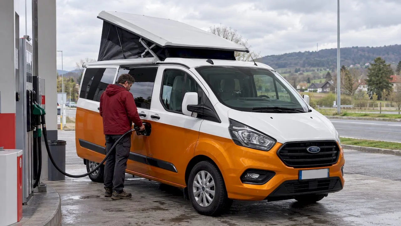Kampervan tankira na slovenski bencinski črpalki