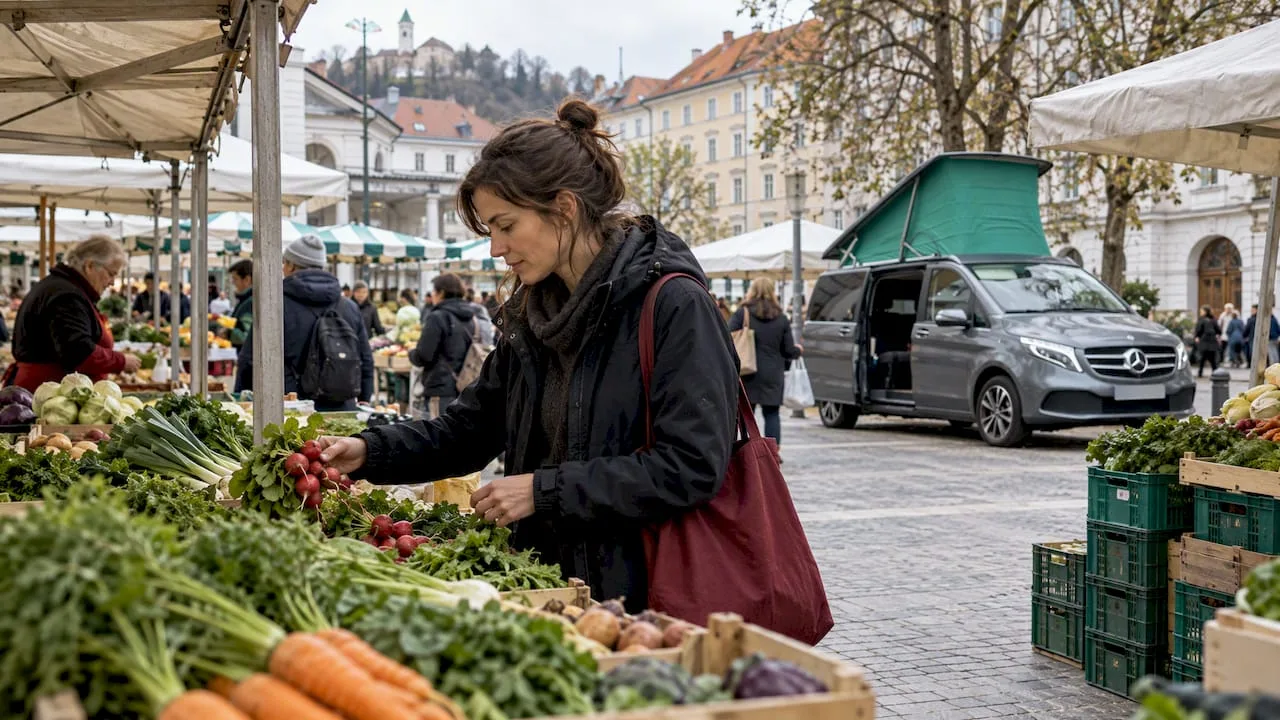Popotnica izbira lokalno pridelano sadje in zelenjavo na tržnici