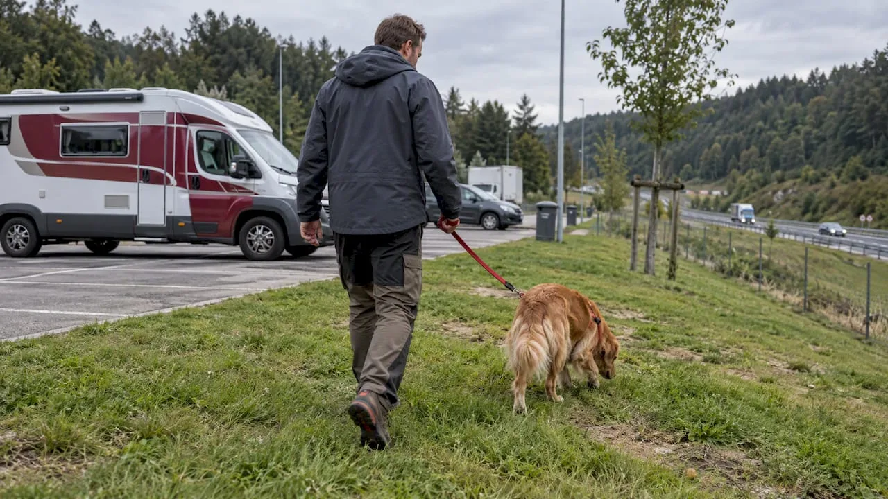 Owner walking a dog across a grassy rest area