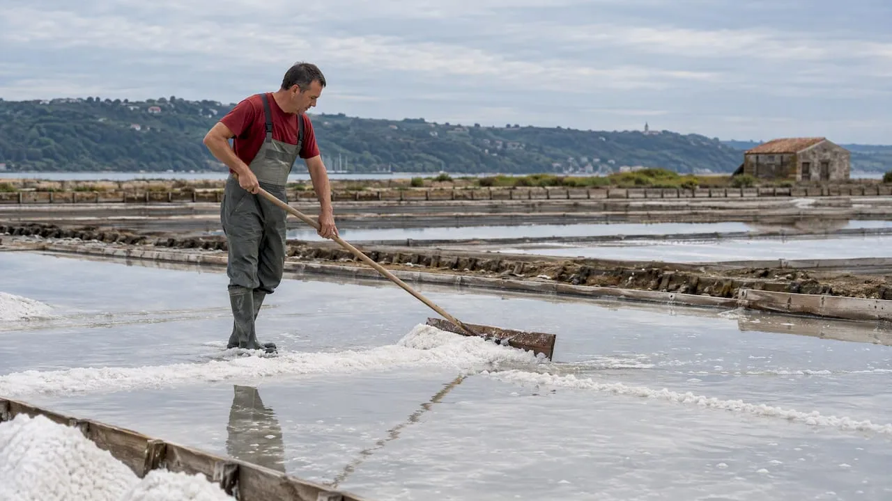 A salt worker with a rake beside a salt crystallisation basin