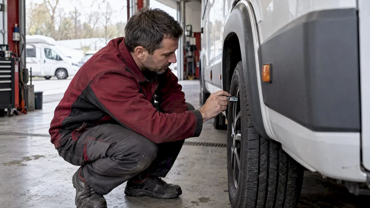Technician checking the tyre tread on a motorhome