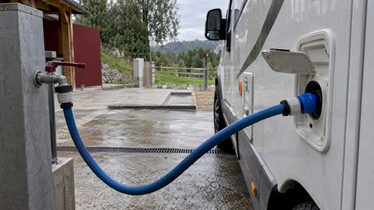Cev, ki polni rezervoar s svežo vodo v avtodomu