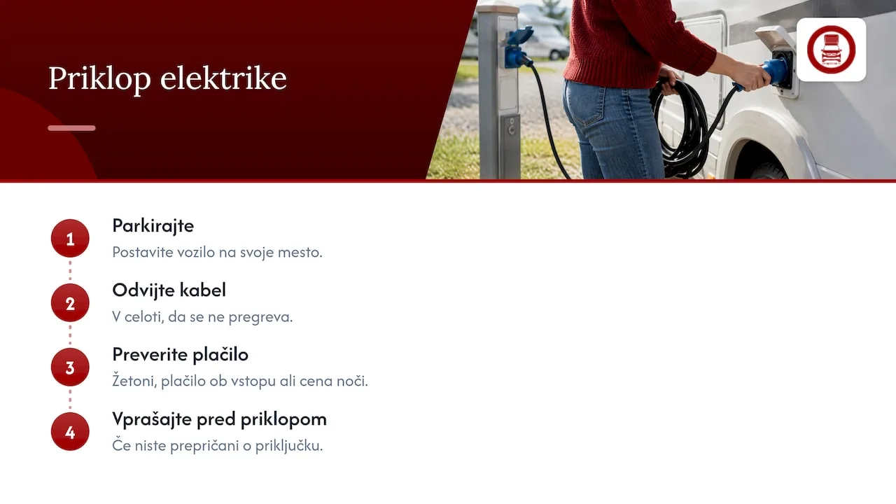Koraki za varen priklop elektrike na postajališču